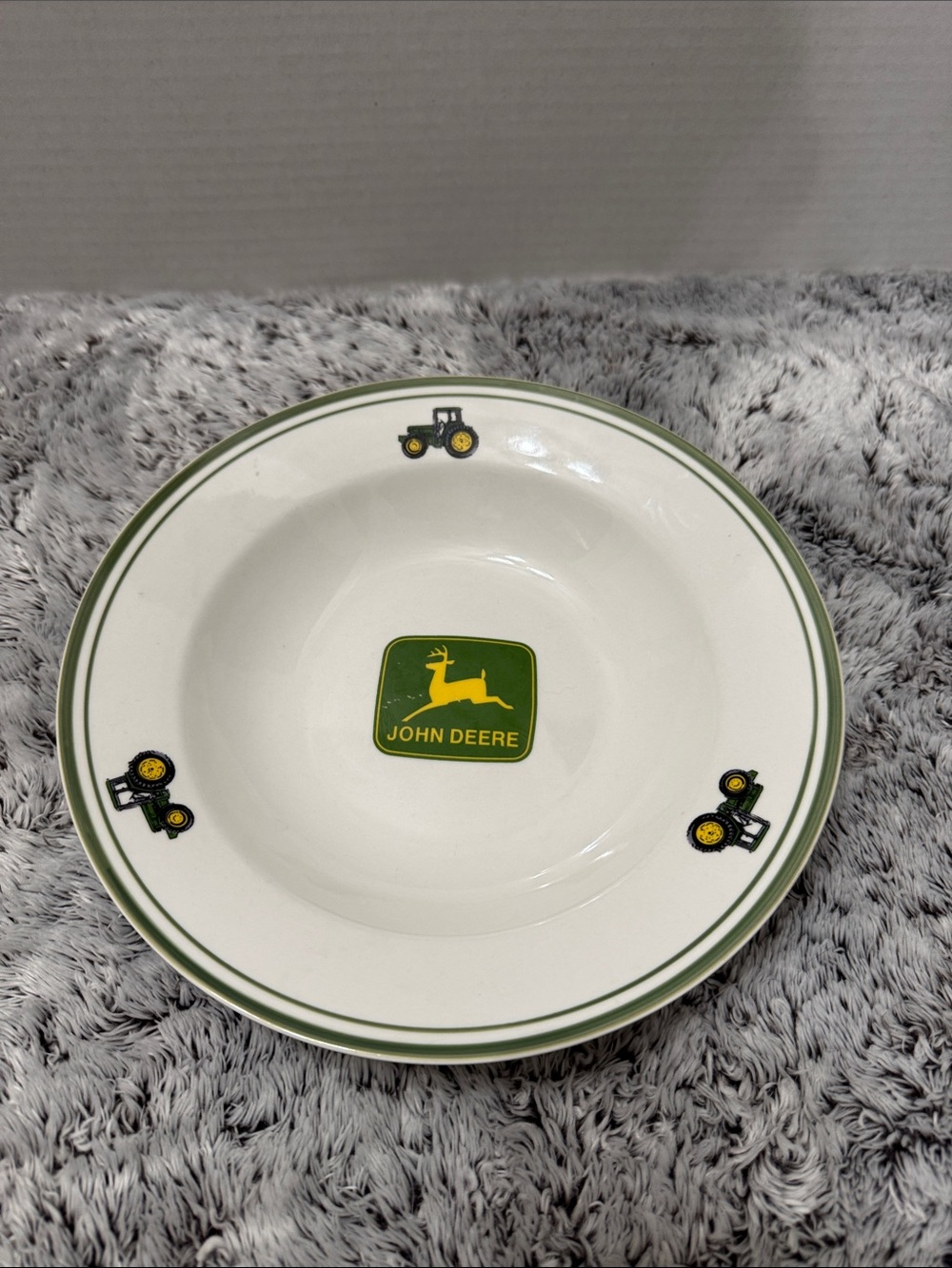 John Deer Vintage 9” Rimmed Soup Bowl By Gibson White Ceramic Deer Tractor Logo